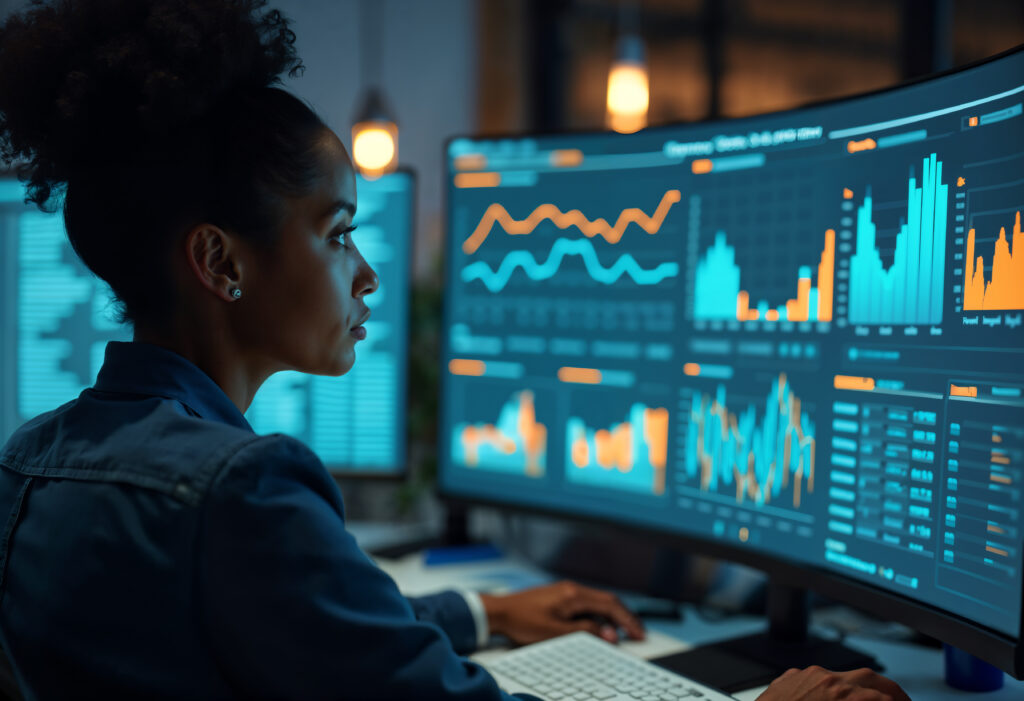 une femme devant sa machine pour le compte de notre Agence de communication et marketing digital